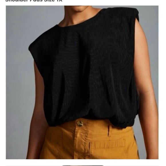 Anthropologie Maeve Top Black Ribbed Muscle Blouse Shoulder Pads Size 1X - Picture 1 of 3